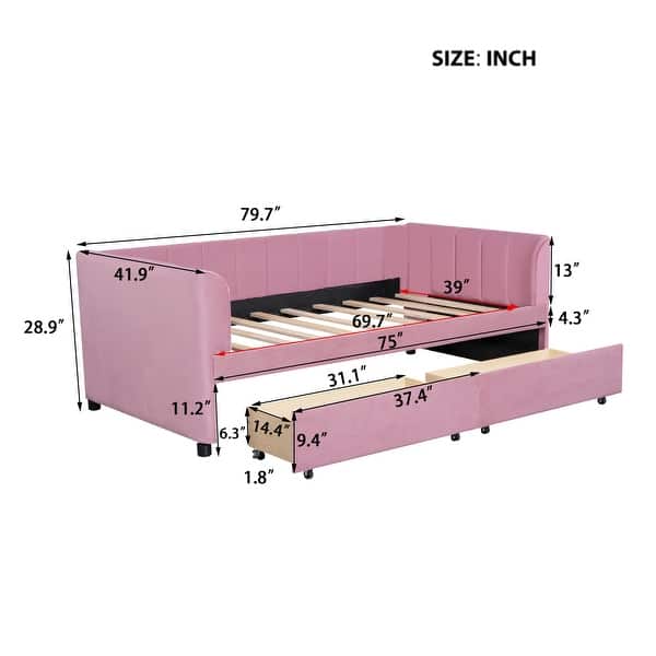 dimension image slide 2 of 3, Twin Size Upholstered Daybed with Stripe Headboard and 2 Storage Drawers, Velvet Daybed Sofa Bed for Teens Bedroom