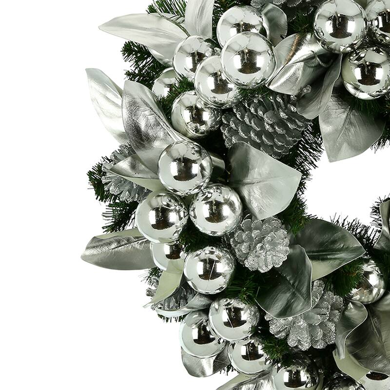 28 in Silver Christmas Wreath with Shiny Leaves, Ornaments and Pinecones - Silver, Green - 28HX28Wx11D