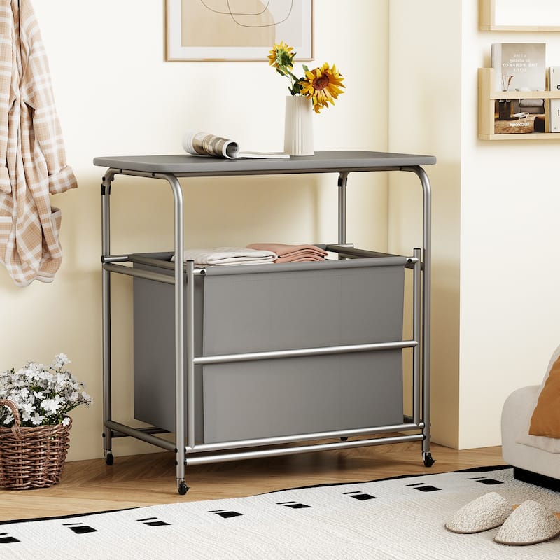 Grey 3 Section Rolling Laundry Hamper with Metal Frame and Ironing Board Lockable Wheels - 34" x 18.5" x 33"