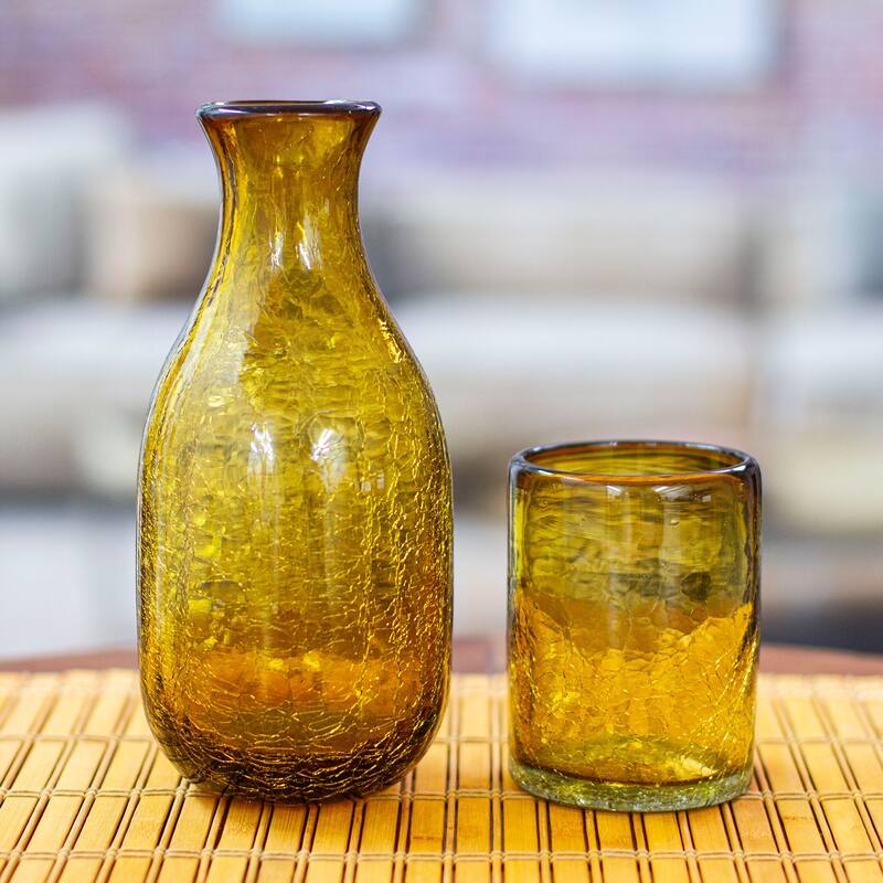 Novica Handmade Textured Amber Handblown Recycled Glass Carafe And