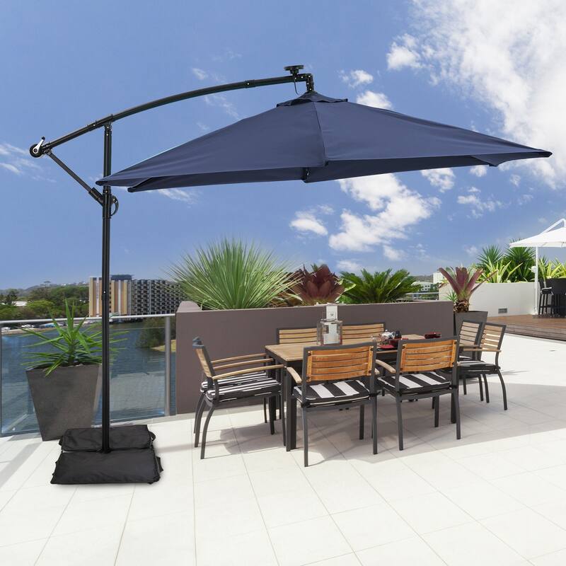 Autlaycil 10ft Offset Hanging Market Patio Umbrella With Base&Solar Lights