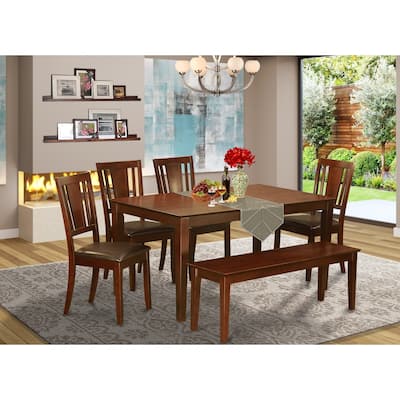 HomeStock 6-Piece Rectangle Mahogany Finish Solid Wood Top Dining Table with 1 Bench, 4 Chairs