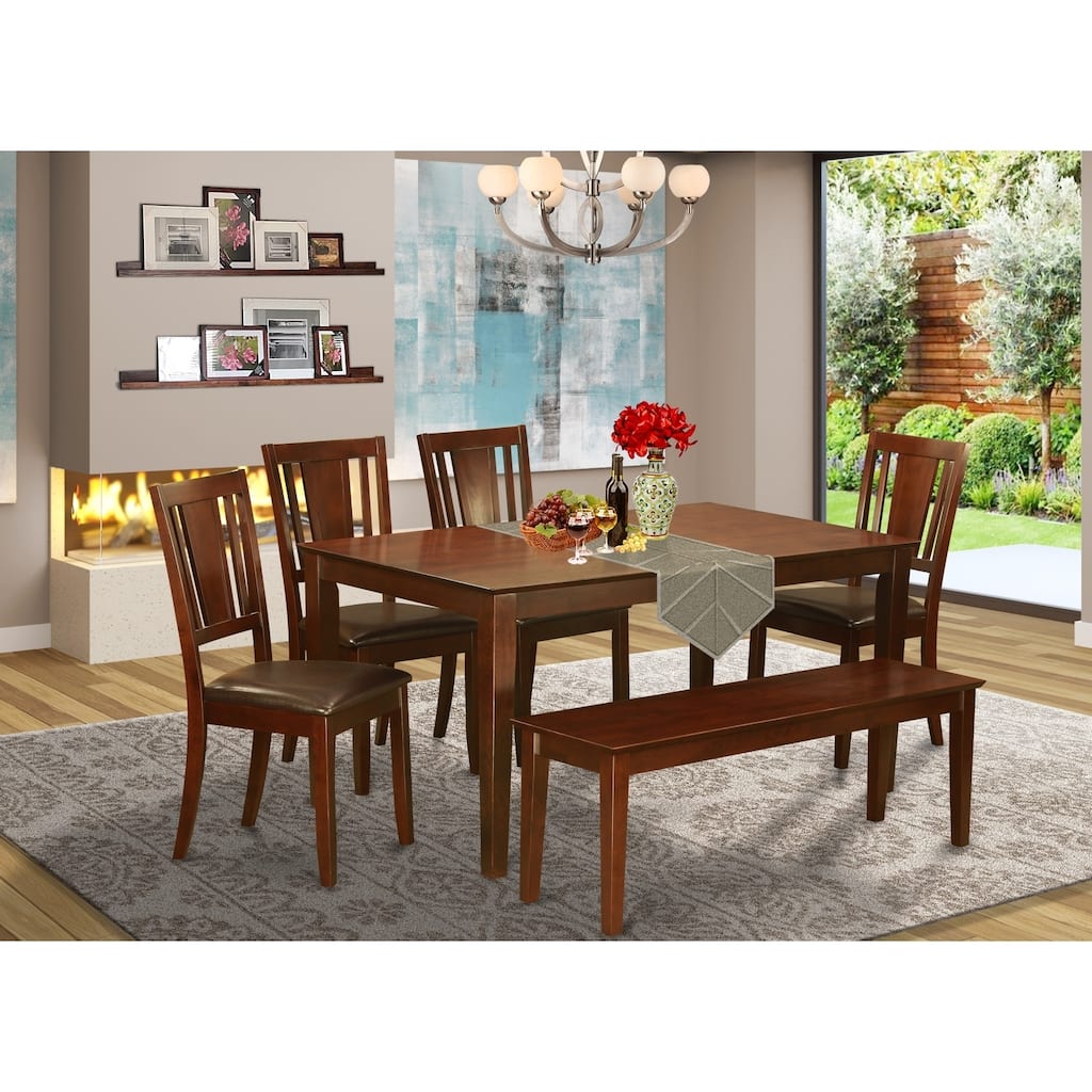 HomeStock 6-Piece Rectangle Mahogany Finish Solid Wood Top Dining Table with 1 Bench, 4 Chairs
