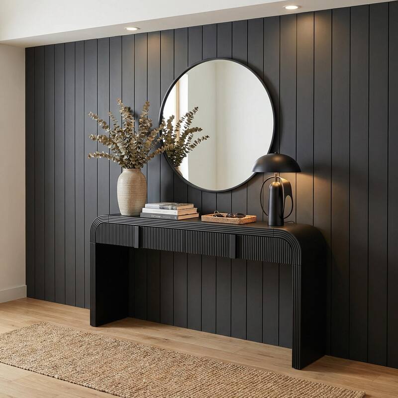 Homylin Modern Black Console Table with 2 Drawers, Glossy MDF Entryway Sofa Table for Living Room or Hallway - Black