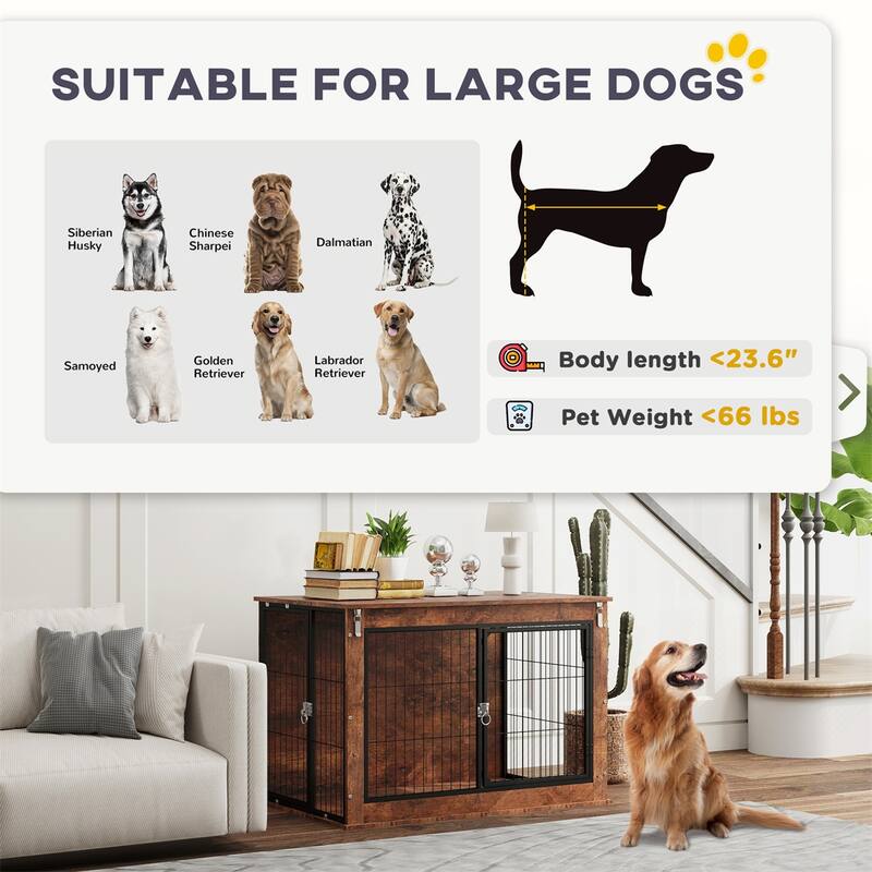 Rustic Brown Dog Crate Furniture with Dual Doors Top Opening Steel and Particleboard Construction for Large Dogs