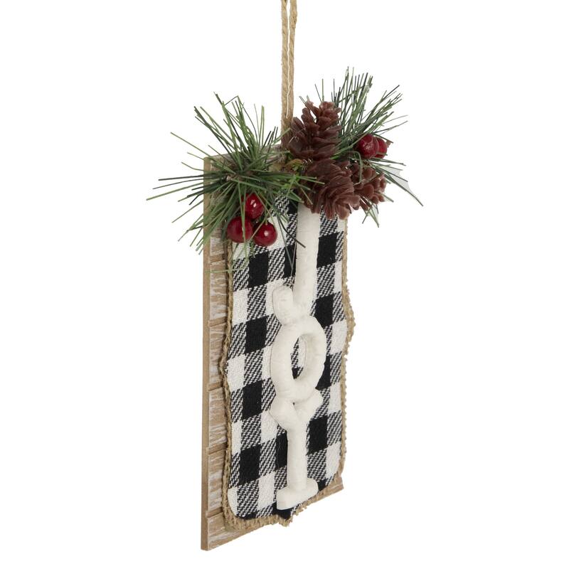 4.75" Black White Buffalo Plaid "Joy" Pinecone Christmas Sign Ornament