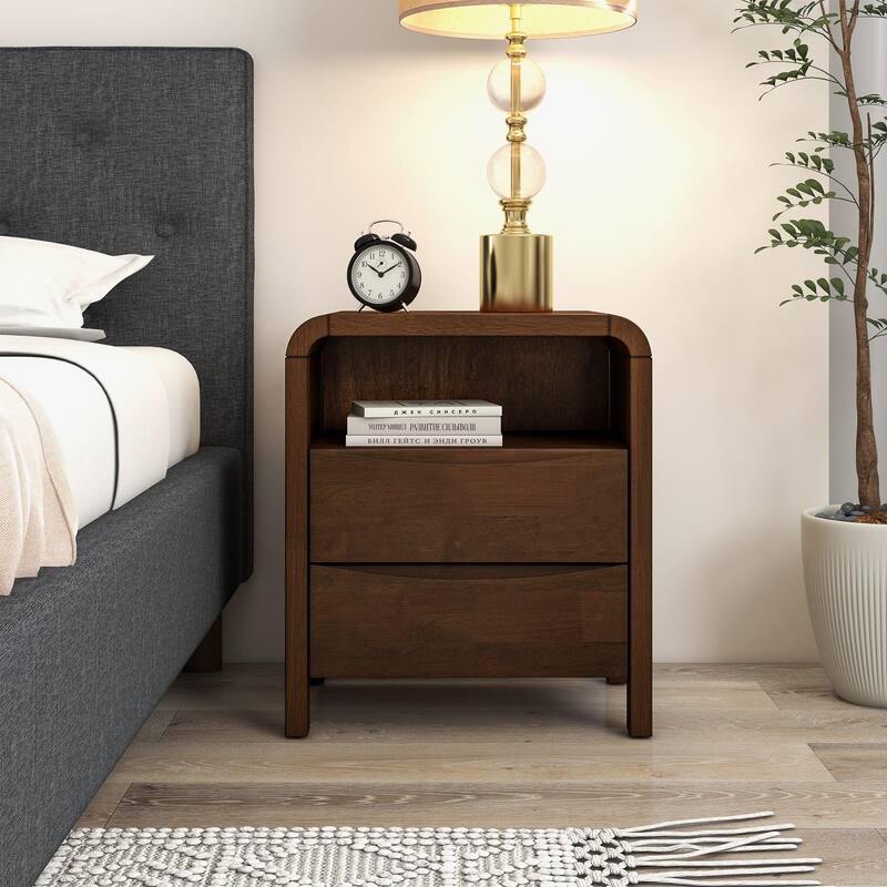 GDFStudio - Lionel Modern Mid-Century Solid Wood Nightstand with Open Shelf & 2 Drawer