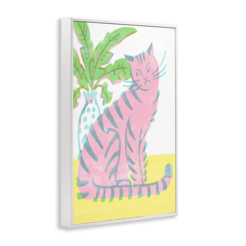 Stupell Modern Pink Cat & Plant Framed Giclee Art Design By Hannah Moren