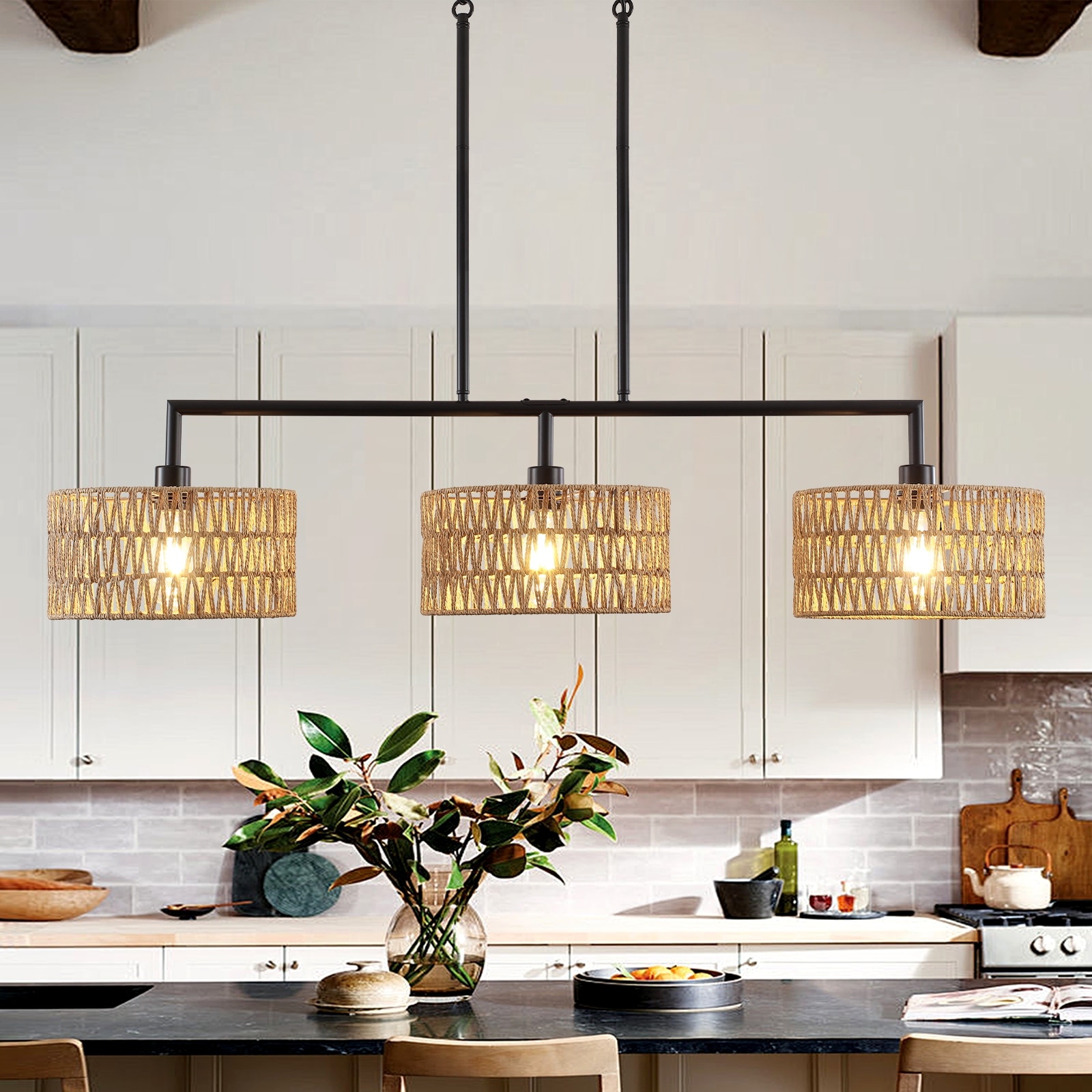 Modern Rattan Pendant Light – 41 Inch Linear Island Chandelier, Black Metal Frame With 3 Wicker Lampshades, Boho Style For Dining Room Kitchen Living Room