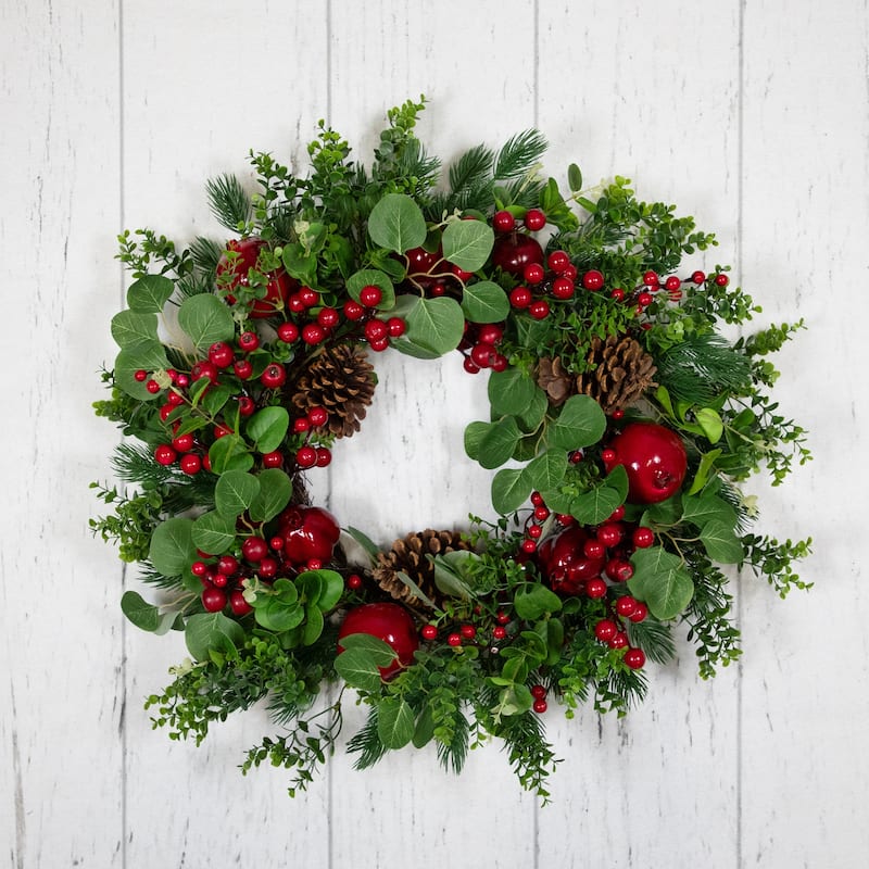 Crabapple Berries Boxwood Pine Artificial Christmas Wreath 26" Unlit