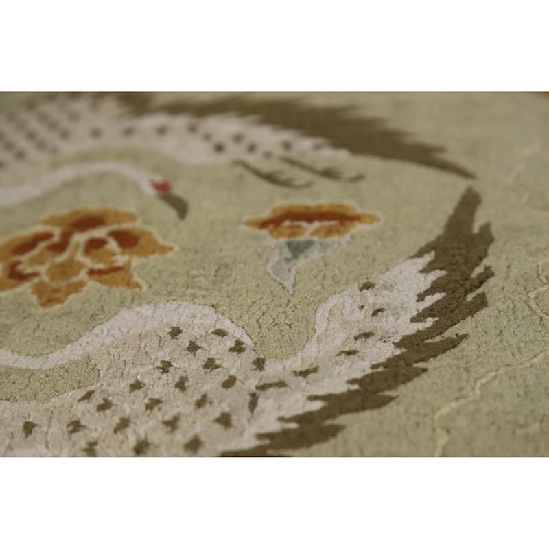 Hand Knotted Oriental Silk Carpet Traditional Medallion Green Art Deco Area Rug - 9' 0'' X 6' 0''