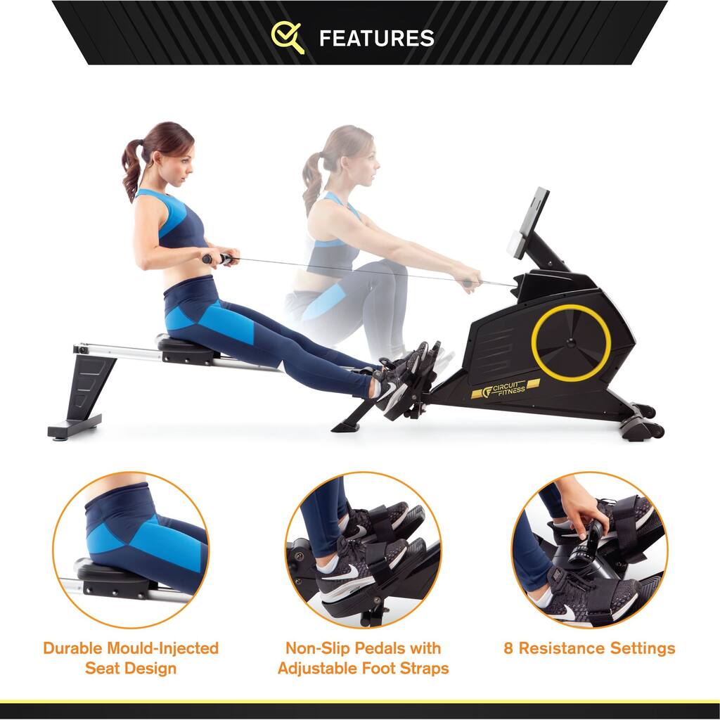 Circuit Fitness Deluxe Foldable Magnetic Rowing Machine with 8 Resistance Setting and Transport Wheels - Bluetooh - N/A