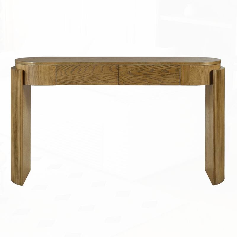 Oval Top and 2 Drawers Entryway Table with Natural Wood Grain Finish