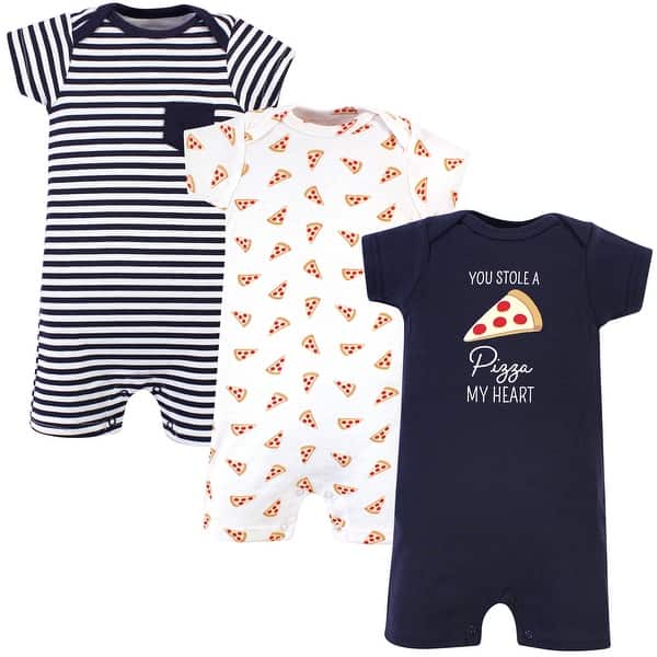 slide 1 of 1, Hudson Baby Infant Boy Cotton Rompers 3pk, Pizza 0 - 3 Months - Blue