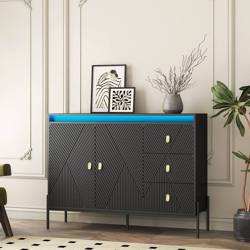 Fluted Sideboard Cabinet with LED Lights, 2 Doors & 3 Drawers, Black Buffet/Sideboard - 3 Doors + 3 Drawers