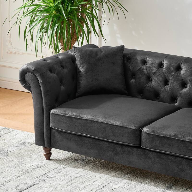 Roomfitters 83 Inch Classic Chesterfield Upholstered Sofa Set, 2-Piece Buttoned Back Scrolled Arm Couch Furniture Set, Black