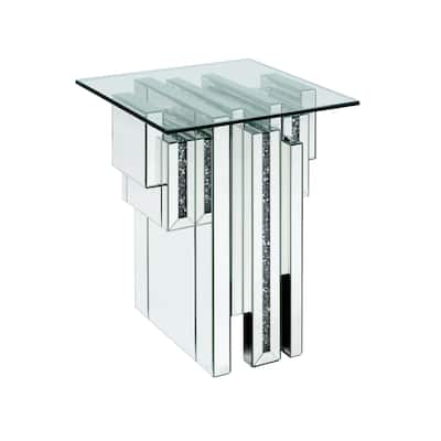 Glass Top End Table with Mirror Panels and Faux Gemstone Accents, Silver