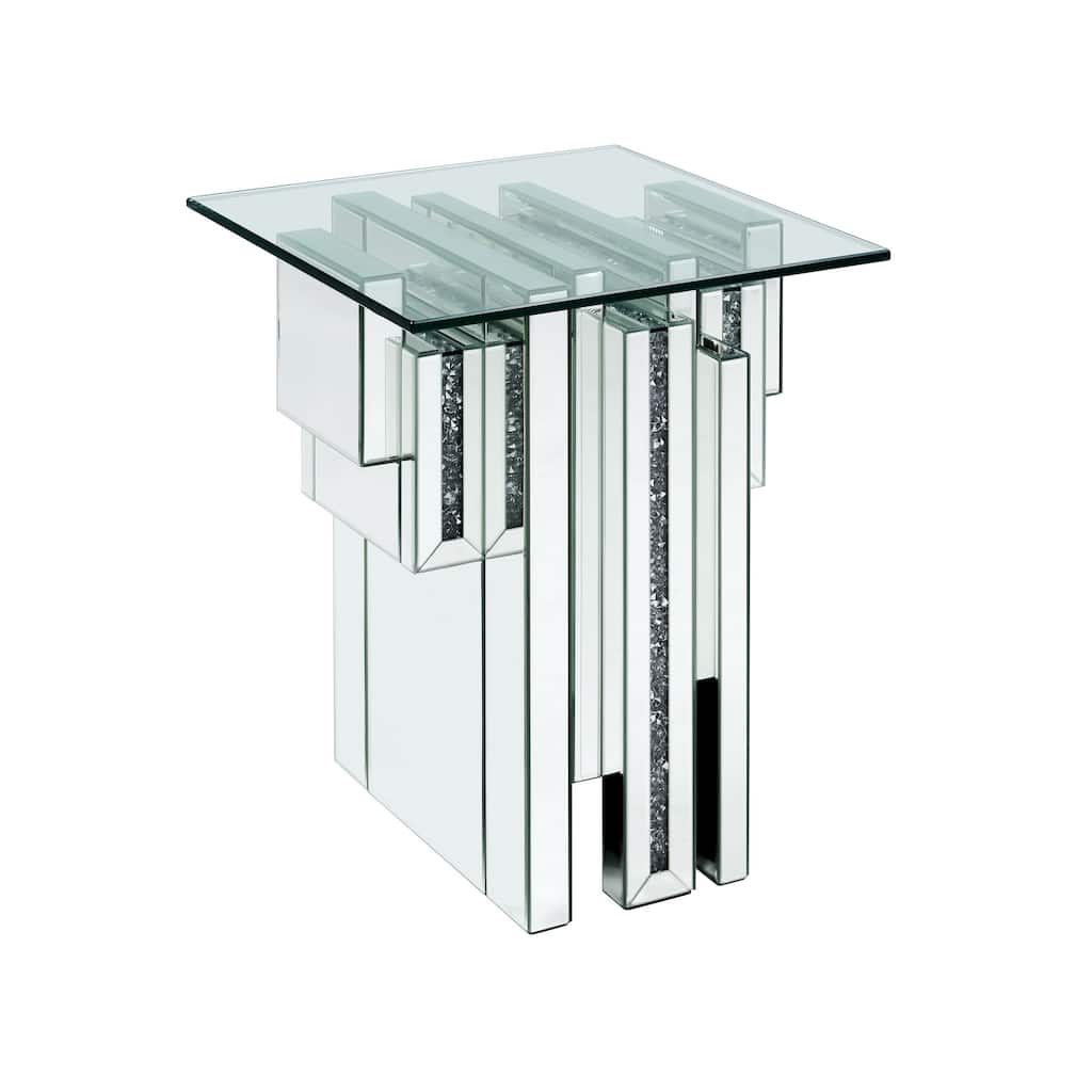 Glass Top End Table with Mirror Panels and Faux Gemstone Accents, Silver