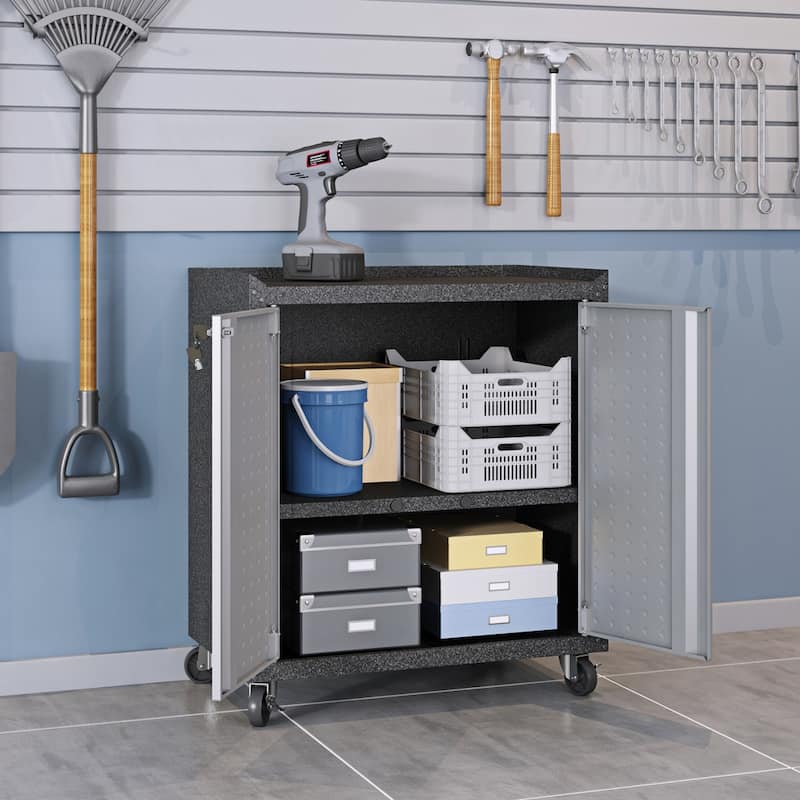 Fortress Textured Metal 31.5" Garage Mobile Cabinet with 2 Adjustable Shelves in Grey