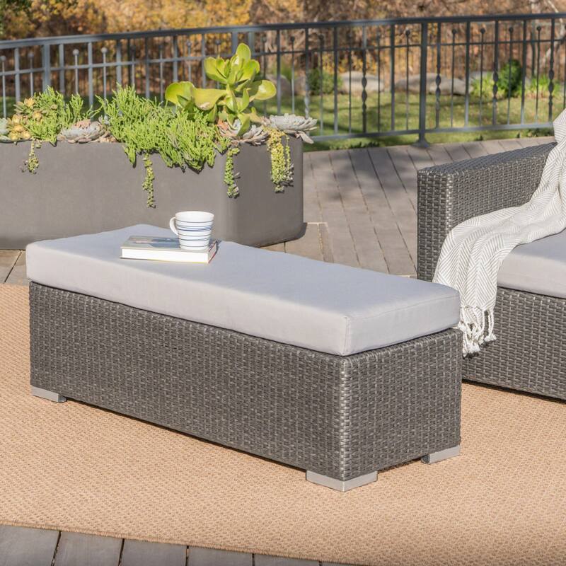 Roomfitters Outdoor Wicker Patio Bench with Cushioned Seat, Rectangular Rattan Ottoman, Poolside Seating for Garden, Grey - Grey