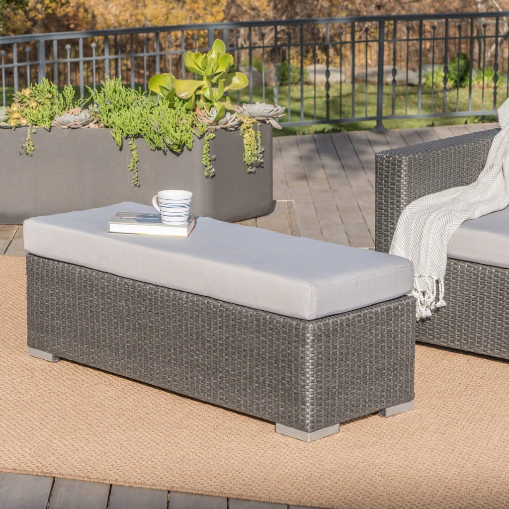 Roomfitters Outdoor Wicker Patio Bench with Cushioned Seat, Rectangular Rattan Ottoman, Poolside Seating for Garden, Grey