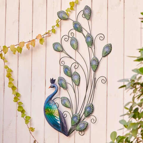 Green and Blue Peacock Metal and Glass Outdoor Wall Decor