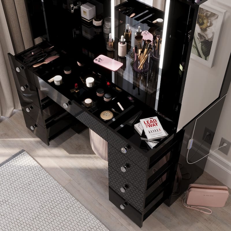 Boahaus w/Tri-Fold Lighted Makeup Vanity Desk With Glam Glass Top 9 Drawers Crystal knobs