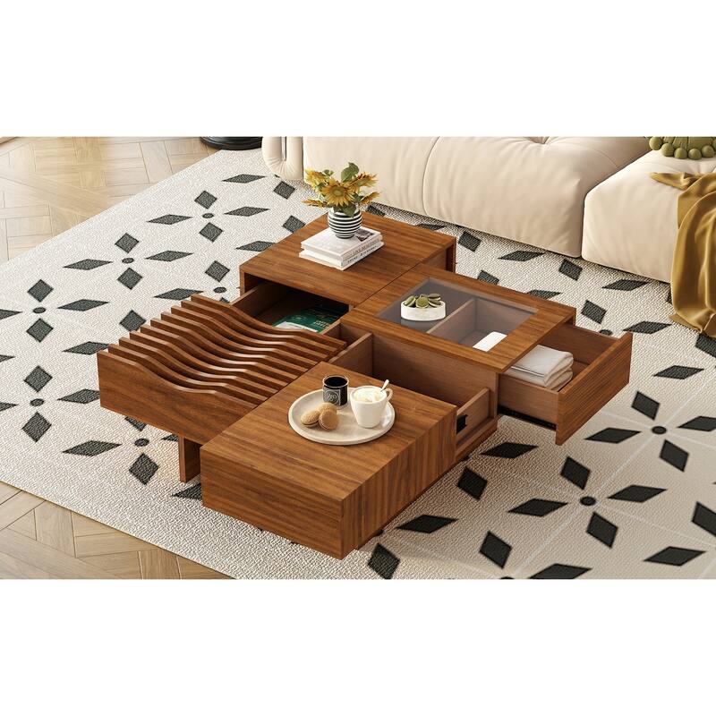 33" Solid Wood Square Coffee Table with Drawers & Wave Design