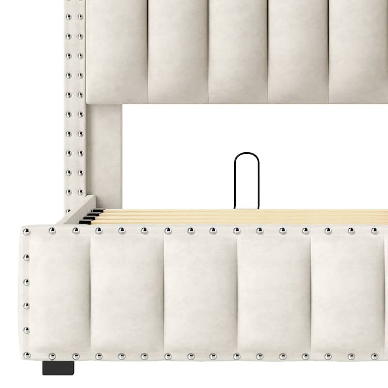 Lift Up Storage Nailhead Bed Frame with Charging Station, Velvet Upholstered Platform Bed with RGB LED Lights