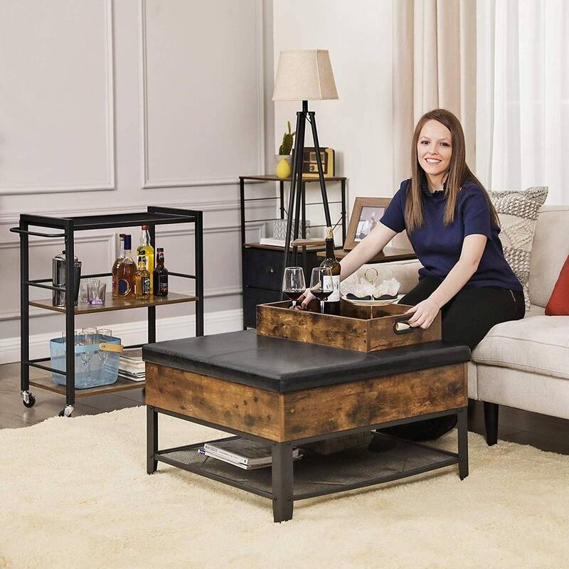 Rustic Brown Black Industrial Bar Cart with Removable Tray 3-Tier Storage and Lockable Wheels