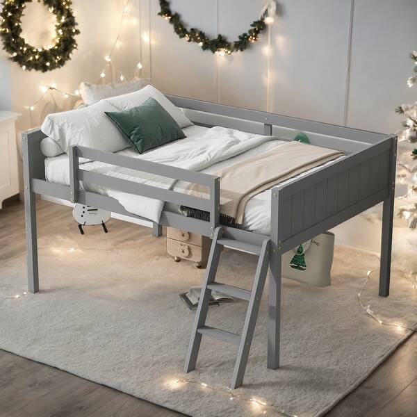 slide 2 of 13, Artsy Full Size Wood Low Loft Bed with Convertible Ladder, ladder can be placed on the left or right, Safety Guaranteed, Gray Grey