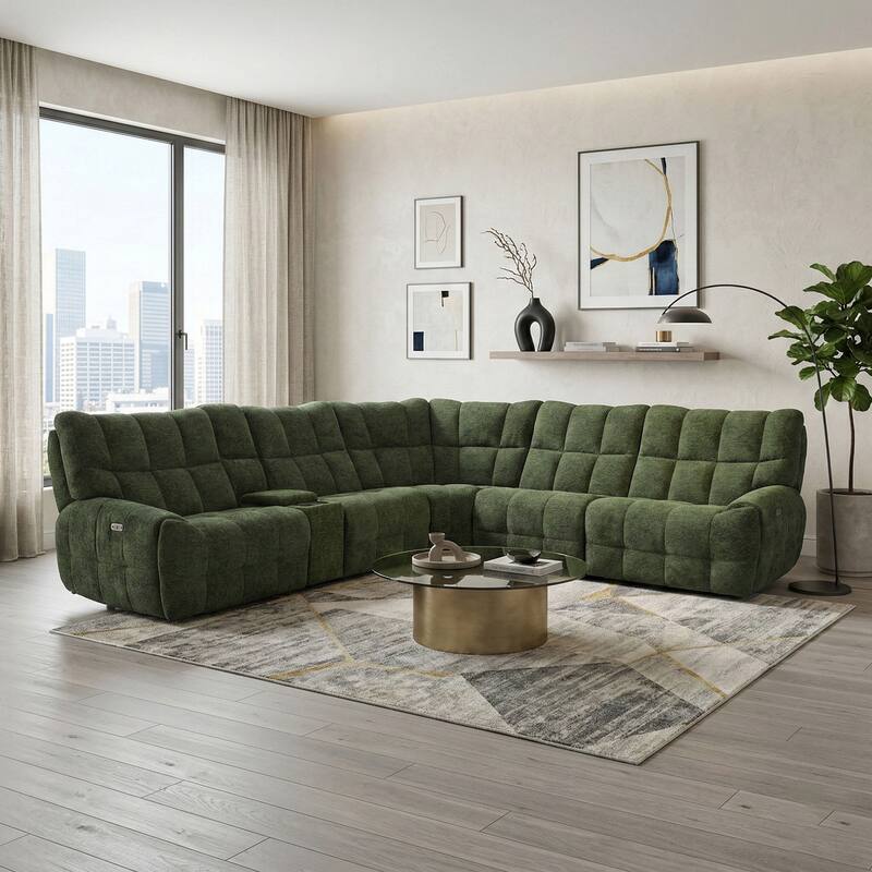 Furniture of America Aurei Modern Reclining Sectional with Console and USB Ports - Jade Green