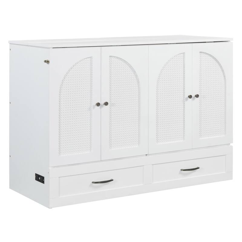 Space-Saving Full Murphy Bed with Drawers & Rattan Finish, Includes USB Port, Perfect for Multifunctional Rooms
