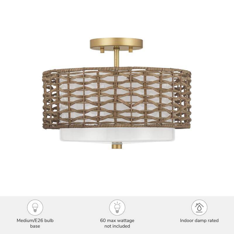 Hunter Laila 2-Light Flush Mount Ceiling Light - Open Weave Rattan - Transitional