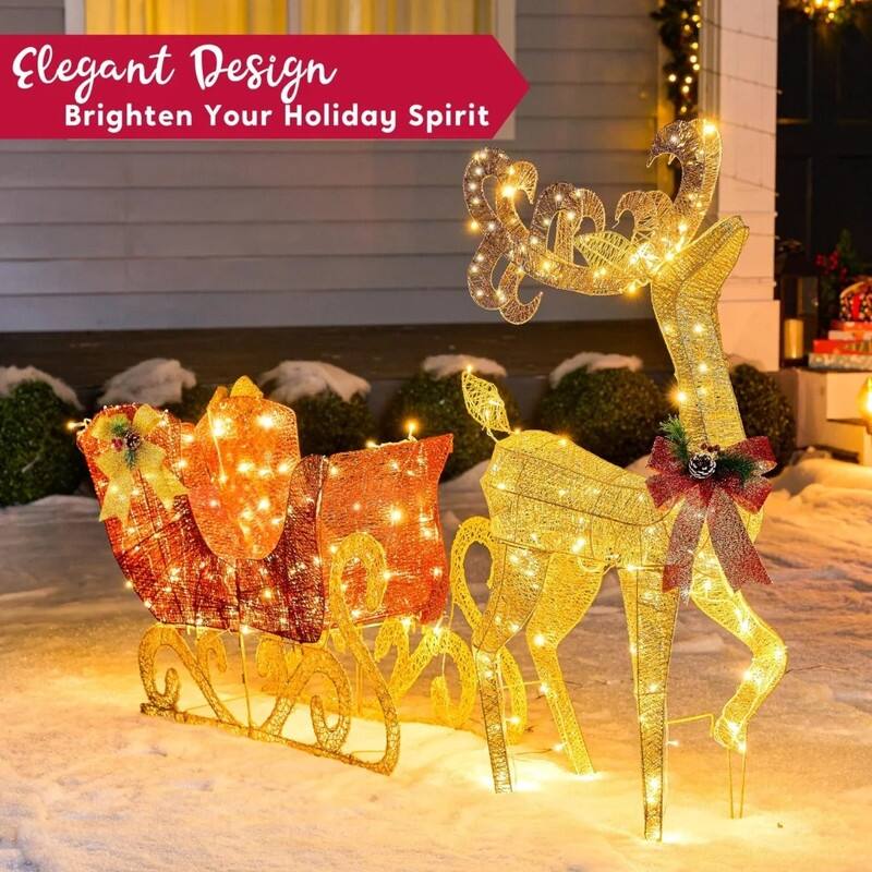 Lighted Reindeer and Sleigh Christmas Decoration