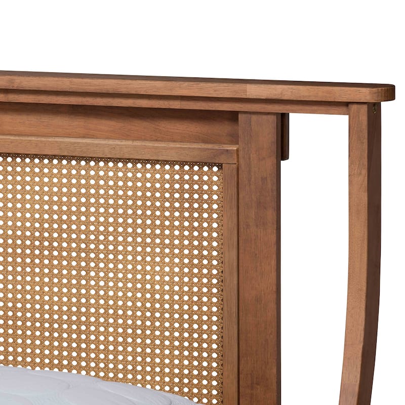 Modern Platform Bed - Walnut Brown Wood & Synthetic Rattan King Size Bed Frame