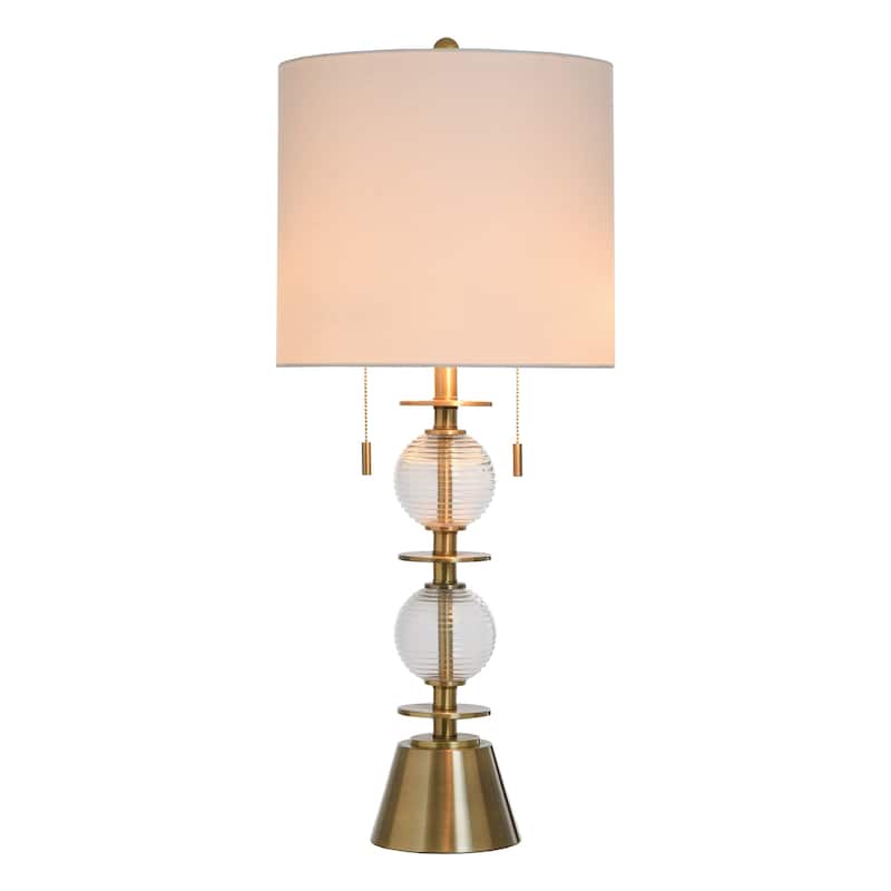 Ribbed Glass Table Lamp - Tiered Glass and Brushed Brass Body - Off-White Shade
