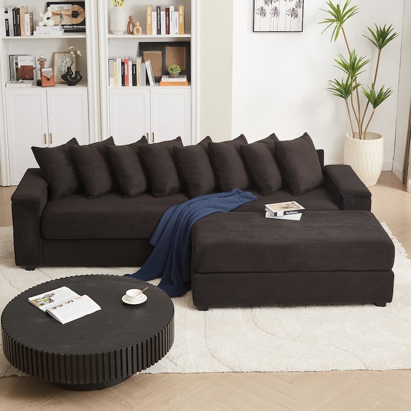 L-shaped Sectional Sofa with Chaise Corduroy Upholstered Couch with Reversible Ottoman, 2 Storage Armrests and 8 Pillows - Black