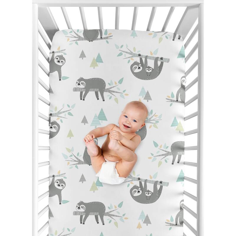 Sweet Jojo Designs Blue Grey Jungle Sloth Leaf Unisex Boy or Girl Fitted Crib Sheet - Turquoise Gray Green Botanical Rainforest
