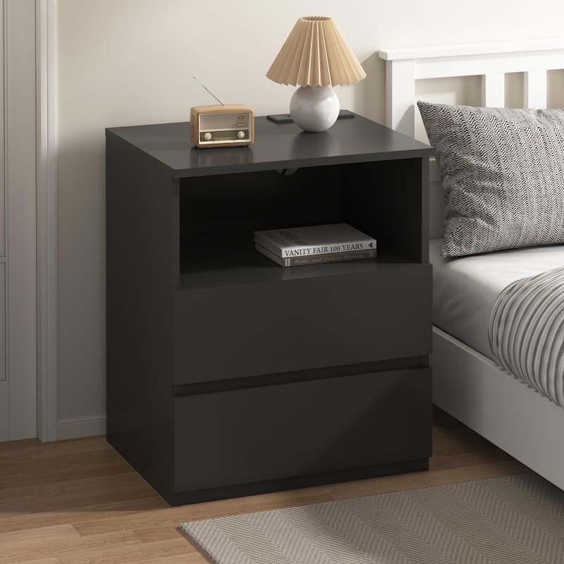 Nightstand with Charging Station, Sofa Side Table with Open Shelves & 2 Drawers, Large Capacity Wood Storage Cabinet