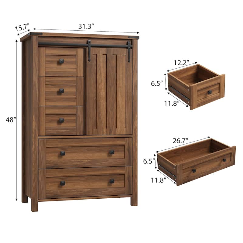 Farmhouse 5 Drawer Dresser for Bedroom, Wood Chest with Sliding Barn Door, Adjustable Shelf