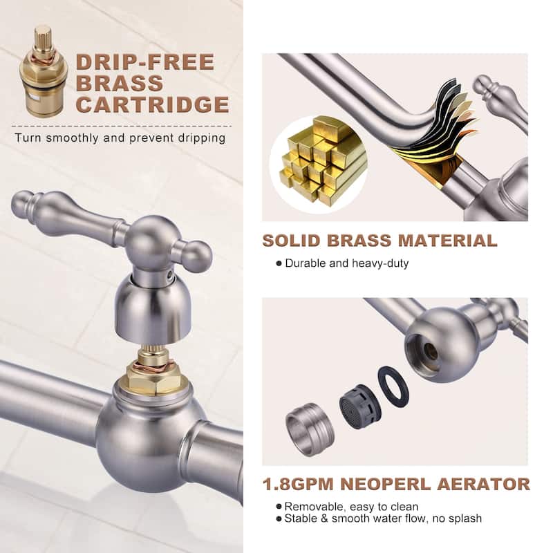 WOWOW 2-Handle Deck Mount Pot Filler Kitchen Faucet with Dual Swing Joints Design