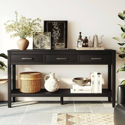 62.2" Modern Farmhouse Console Table with 3 Drawers & Open Shelf