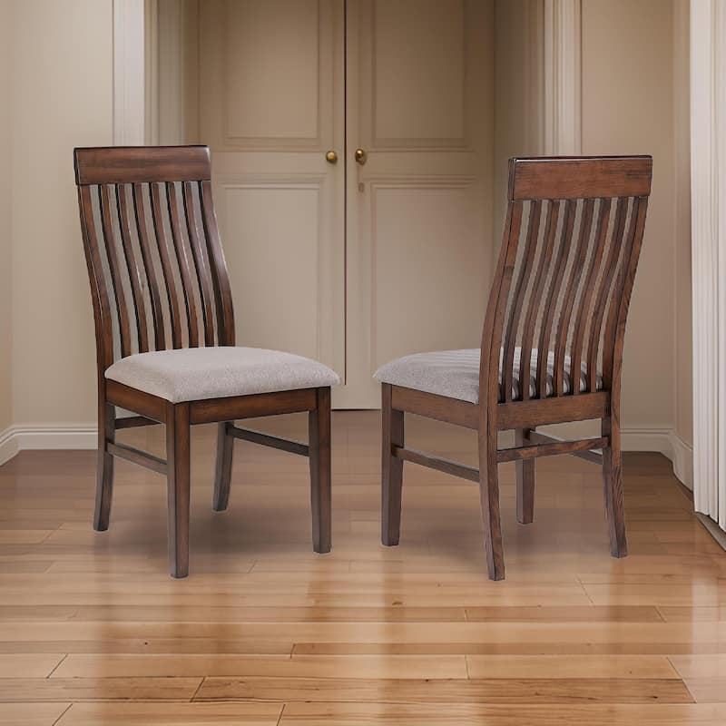 Brar Dining Chair Set of 2, Light Brown Fabric, Slat Back, Brown Hardwood