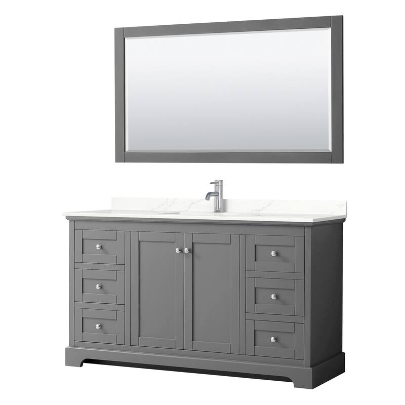 Avery 60-inch Single Vanity, Quartz Top, 58-inch Mirror - Dark Gray, Chrome Trim, Giotto Quartz Top