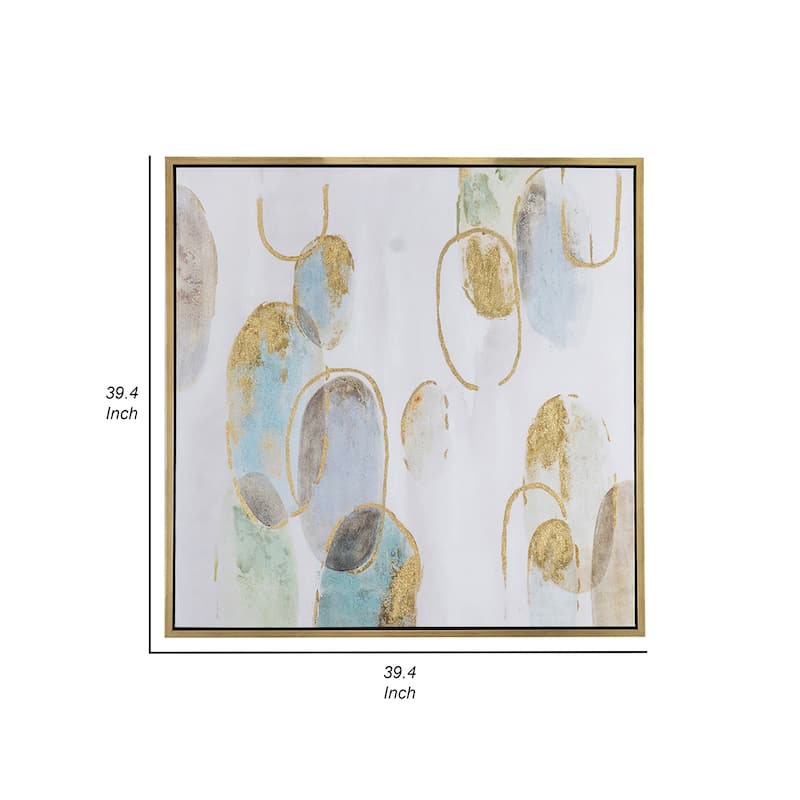 39 x 39 Square Wall Art Oil Painting, Abstract Circles, Gold, White, Green