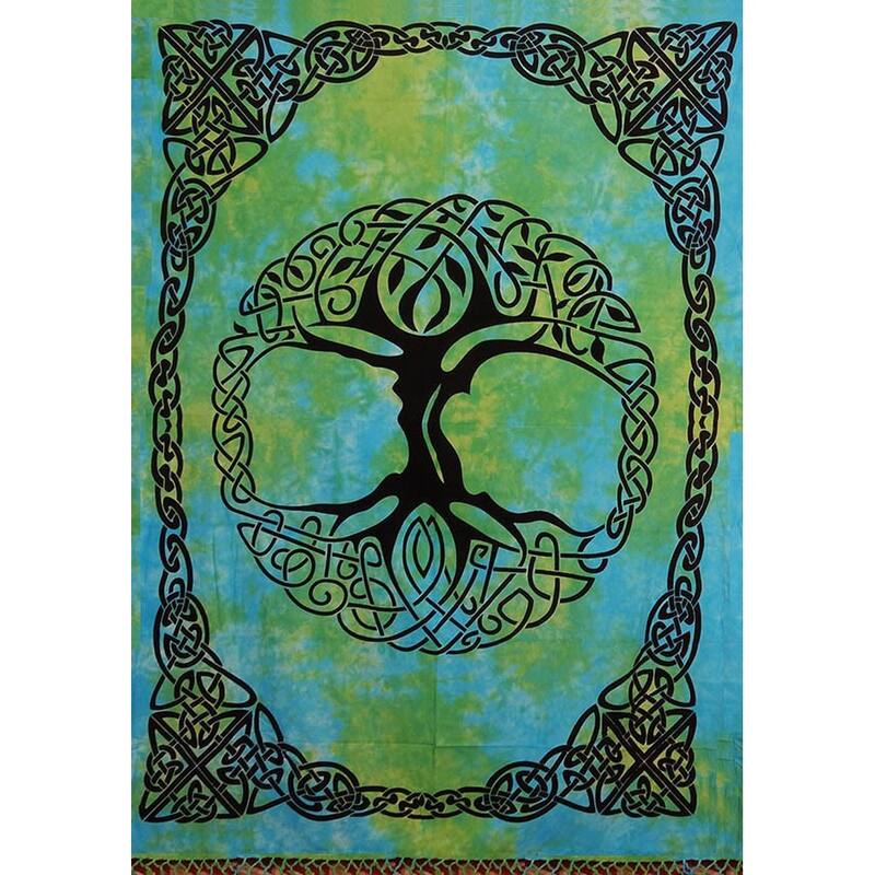 Cotton Celtic Tree of life Tablecloth Rectangle with Fringes - 70 x 104 in - Green Turquoise