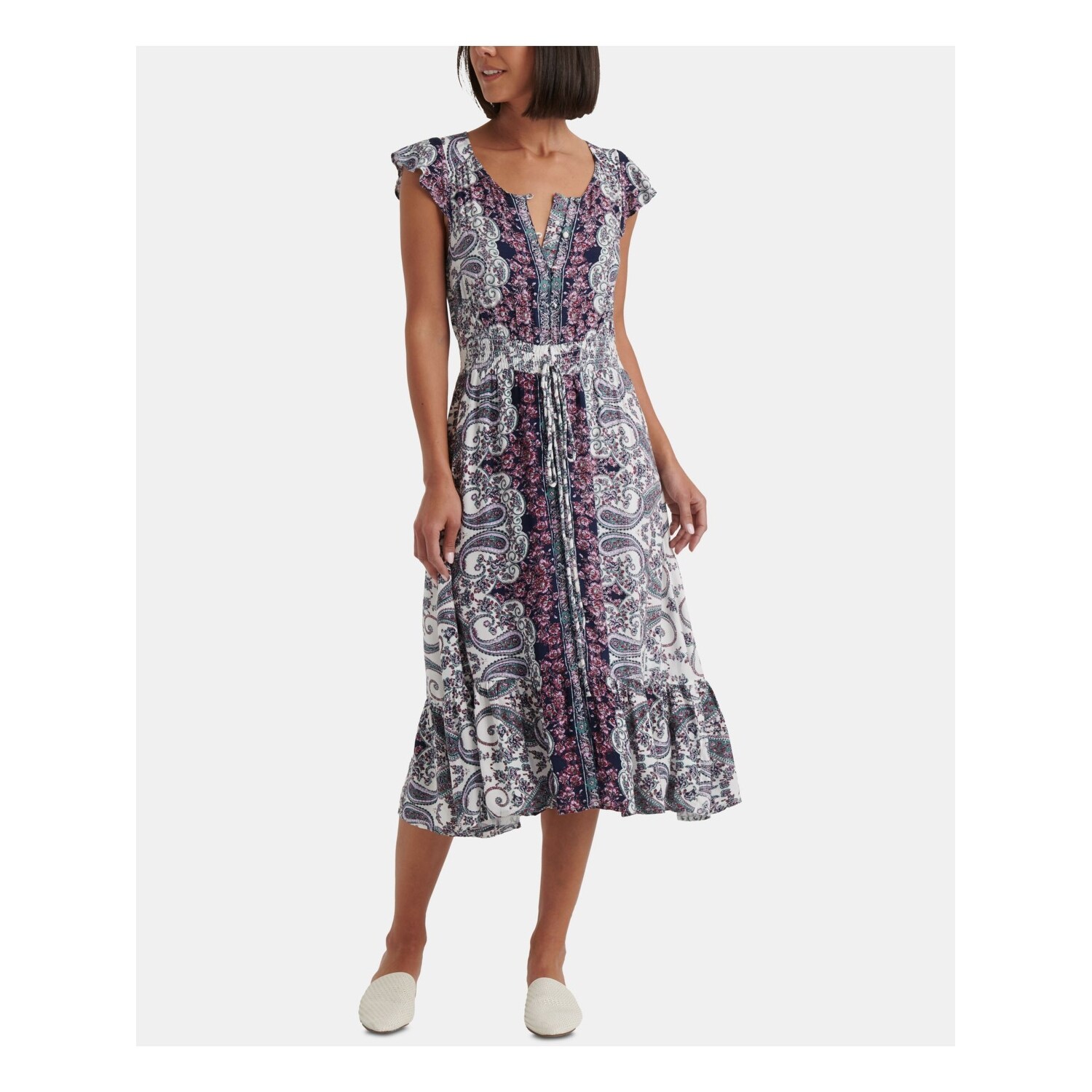 LUCKY BRAND Womens Purple Smocked Printed Midi A-Line Dress Size L