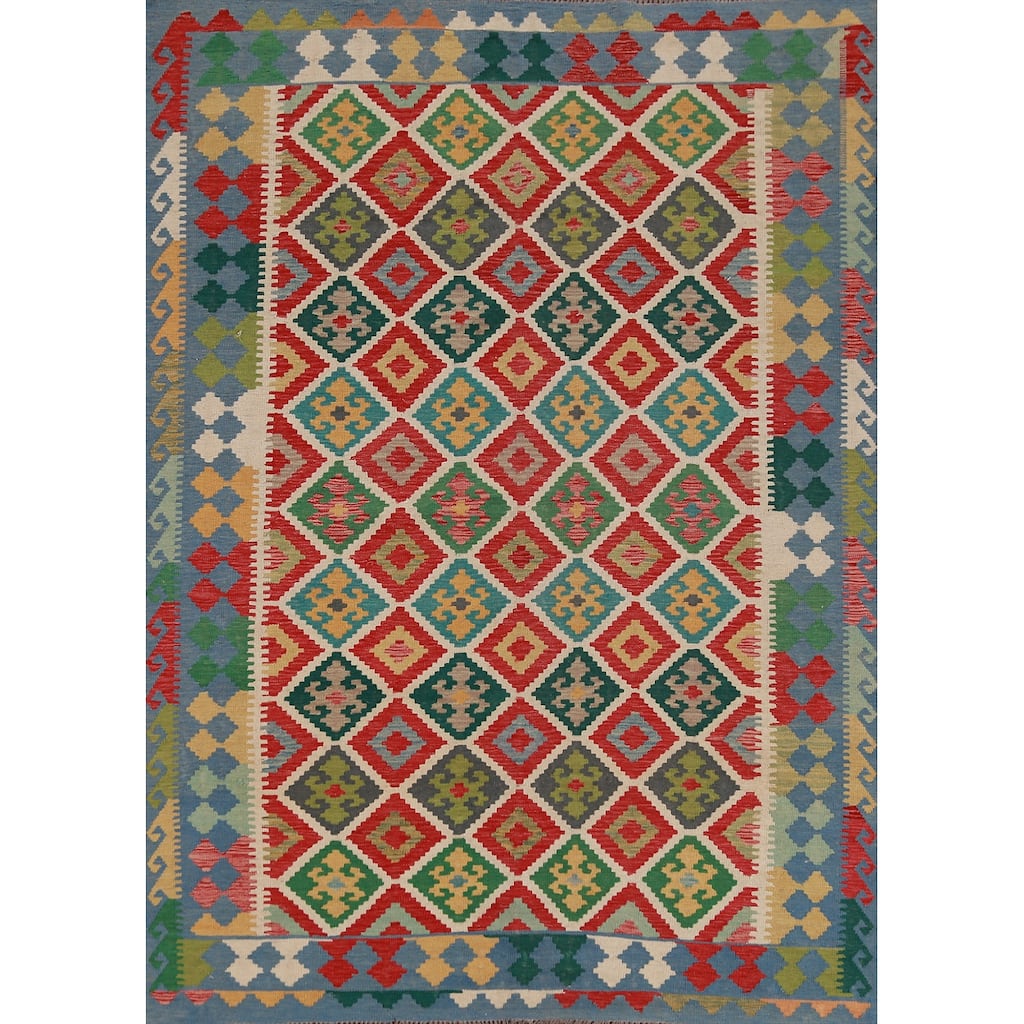 Hand Woven Oriental 100% Wool Carpet Southwestern Geometric Multi-Colored Kilim Area Rug - 8' 3'' X 5' 11''