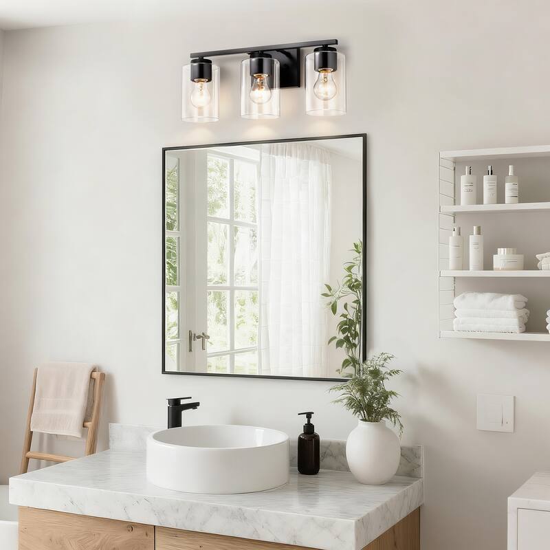 17 in. Matte Black 3-Light Vanity Light with Clear Glass Shades - Matte Black